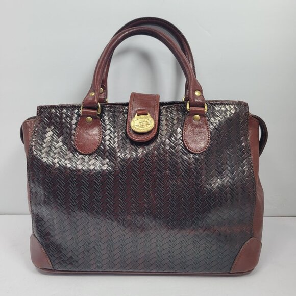 VTG Brahmin Women's Dark Brown Leather Basket Woven Handbag Made in USA - Picture 1 of 12